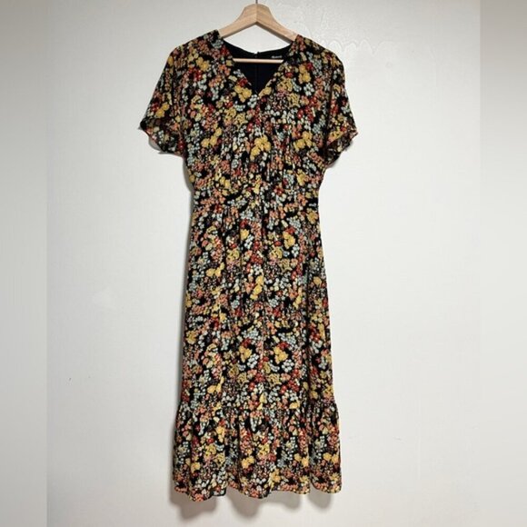 Madewell Floral Midi Dress – Size 4, V-Neck Flutter Sleeve Black Multi-Color - Picture 2 of 11